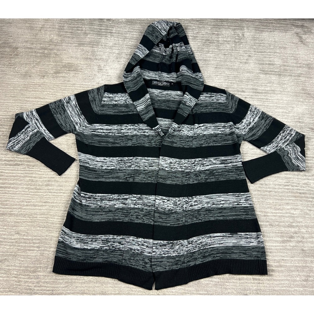Brittany Black Cardigan Womens‎ 3X Black Striped Open Front Hooded Knit Sweater